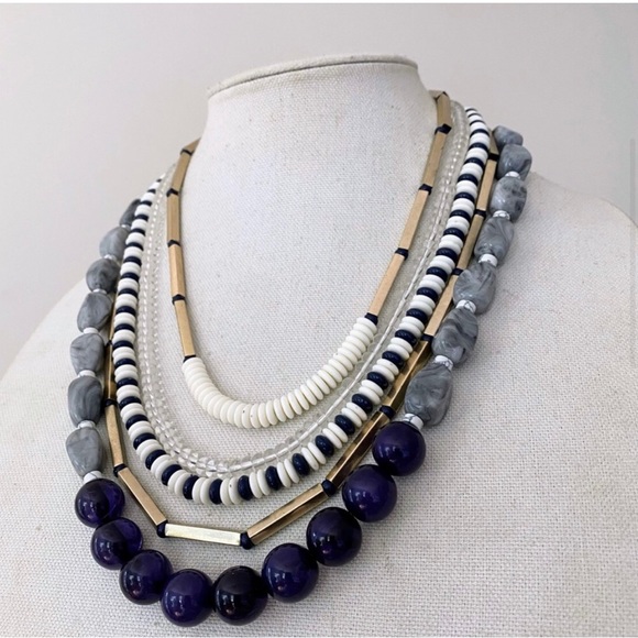 Loft Multistrand Beaded Statement Necklace Navy / Grey / Cream / Gold - Picture 3 of 13